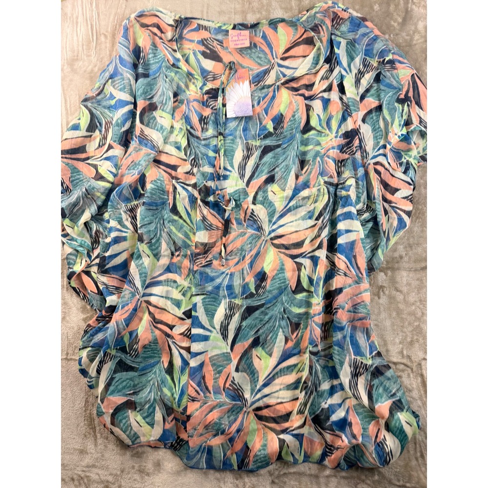 Sunflower Tropical Leaf Print Kaftan Beach Cover Up Blue Green Peach One Size